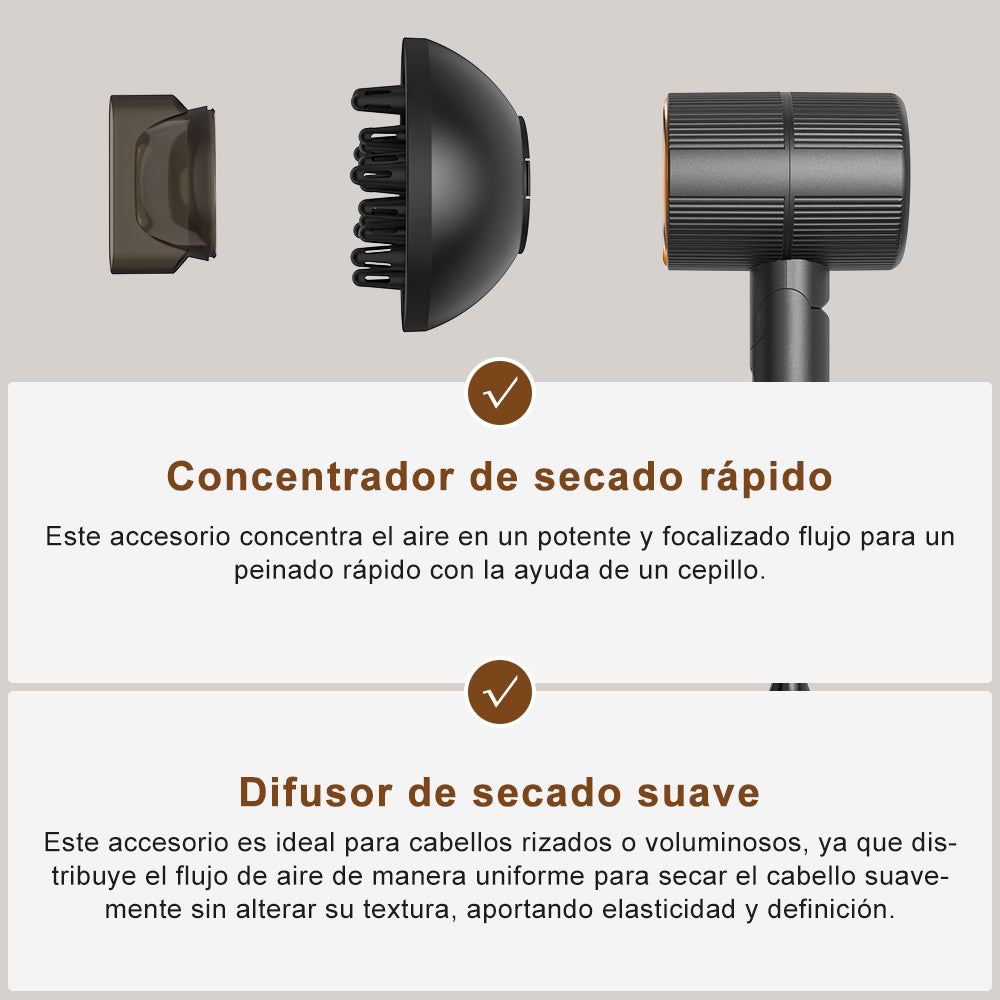 Secador de pelo iónico profesional Qimmaol Velofold con concentrador y difusor [Ultraligero / Tamaño de la palma / Plegable / 250 g]