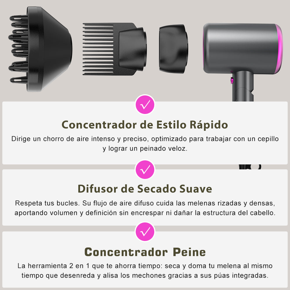 Secador de pelo iónico profesional Qimmaol Velofold con boquilla concentradora, difusor y peine [Compacto / Ligero / Plegable / 350 g]