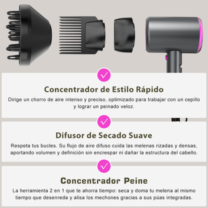 Secador de pelo iónico profesional Qimmaol Velofold con boquilla concentradora, difusor y peine [Compacto / Ligero / Plegable / 350 g]