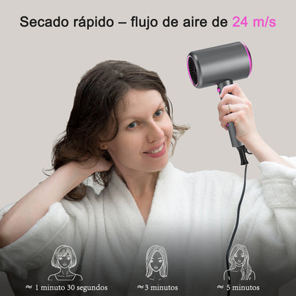Secador de pelo iónico profesional Qimmaol Velofold con boquilla concentradora, difusor y peine [Compacto / Ligero / Plegable / 350 g]