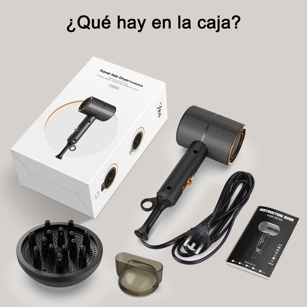 Secador de pelo iónico profesional Qimmaol Velofold con concentrador y difusor [Ultraligero / Tamaño de la palma / Plegable / 250 g]