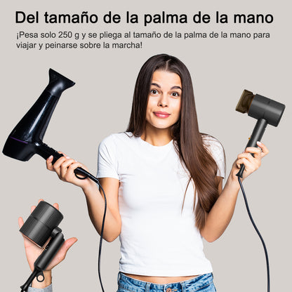 Secador de pelo iónico profesional Qimmaol Velofold con concentrador y difusor [Ultraligero / Tamaño de la palma / Plegable / 250 g]