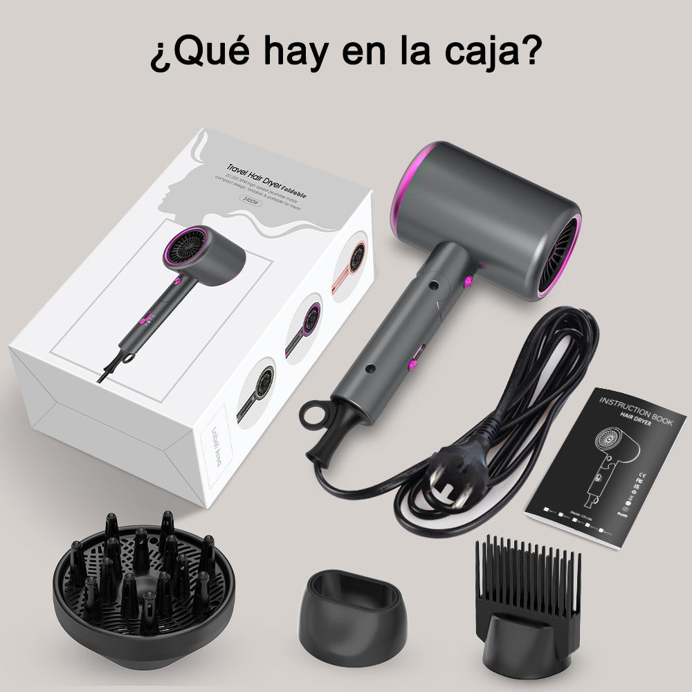 Secador de pelo iónico profesional Qimmaol Velofold con boquilla concentradora, difusor y peine [Compacto / Ligero / Plegable / 350 g]
