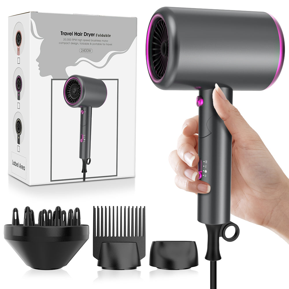 Secador de pelo iónico profesional Qimmaol Velofold con boquilla concentradora, difusor y peine [Compacto / Ligero / Plegable / 350 g]