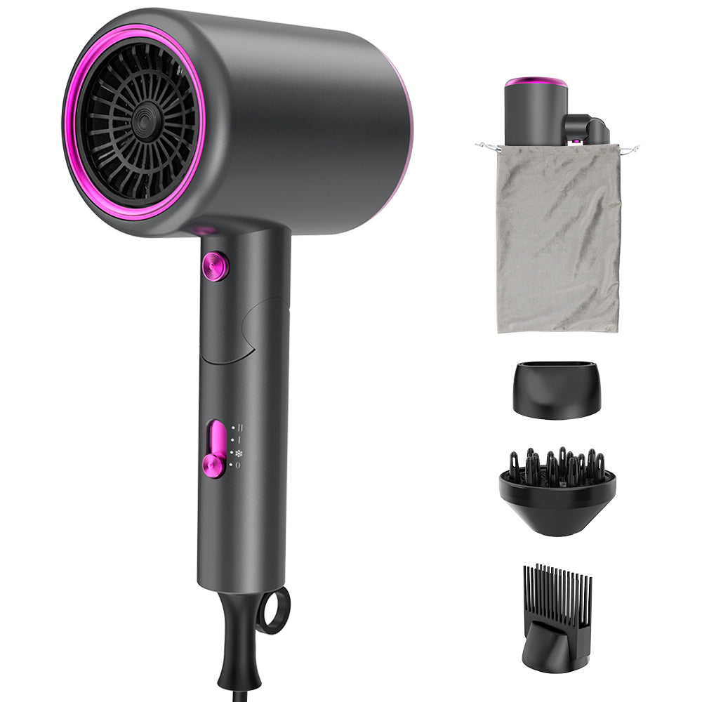 Secador de pelo iónico profesional Qimmaol Velofold con boquilla concentradora, difusor y peine [Compacto / Ligero / Plegable / 350 g]